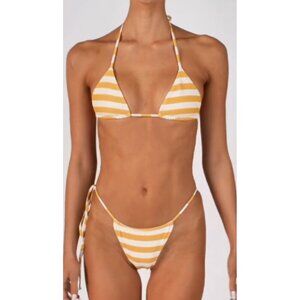 SAME LOS ANGELES Set 2pc Bikiny Swim Top Large Bottom High Weist Stripeed Yellow